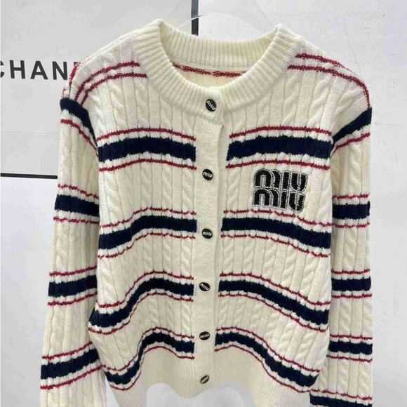 Miu Miu Women's Cream and Black Striped Cardigan - Picture 5 of 5